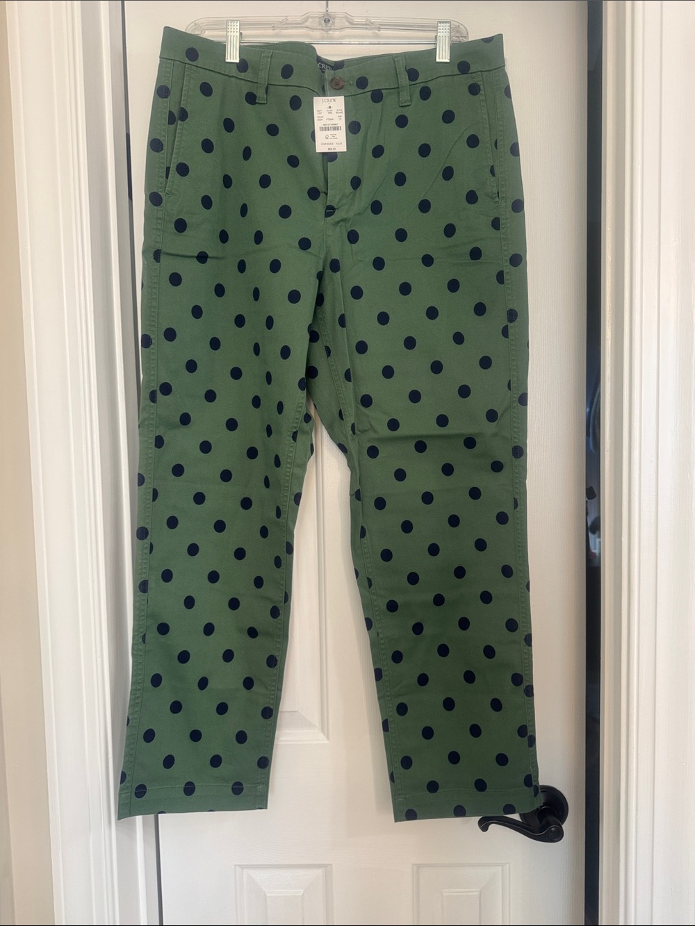 NWT J. Crew Girlfriend Chino Olive Green Pants with Navy Polka Dots